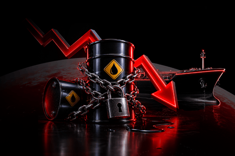 Oil trading thumbnail showing crude oil volatility, falling price arrow and geopolitical supply risk