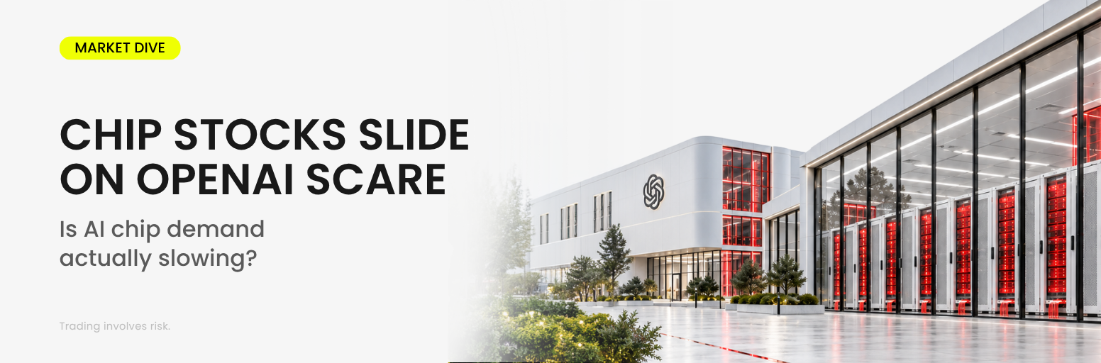D Prime Market Dive banner reading “Chip Stocks Slide on OpenAI Scare: Is AI chip boom actually slowing?” beside a bright white data centre with red-lit server racks