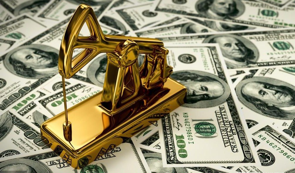 An oil platform shape of gold metal is sitting on USD, these financial products are attractive to traders