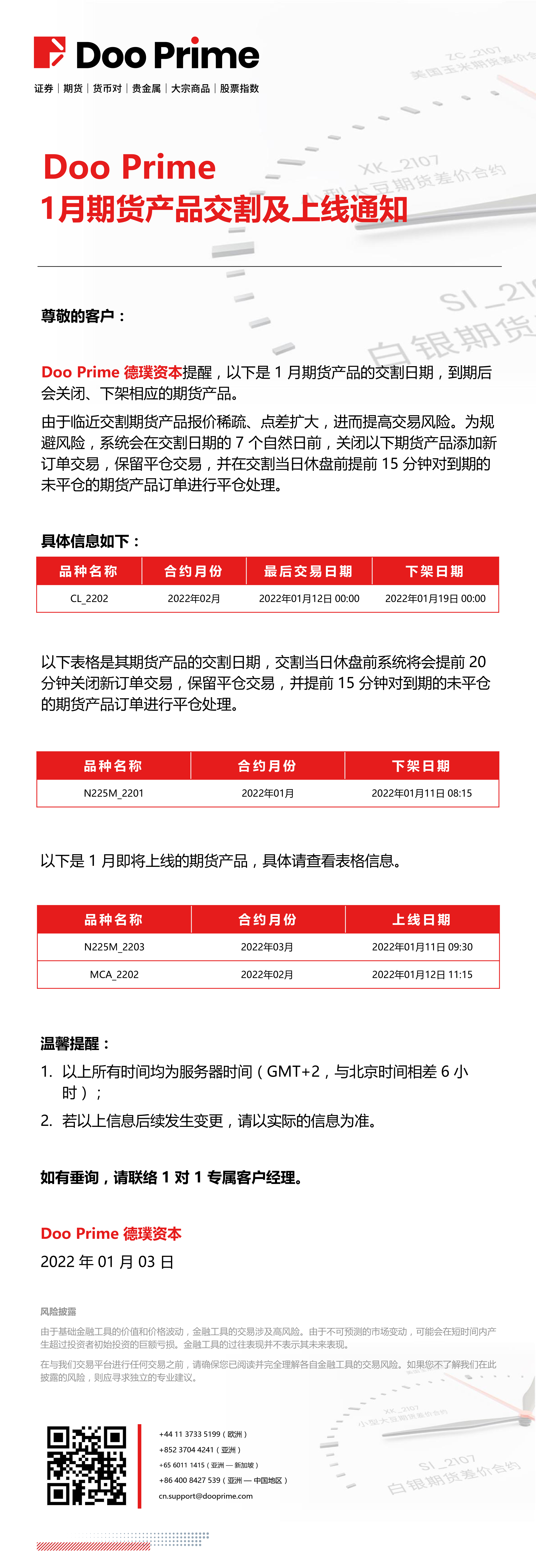 Doo Prime 1 月期货产品交割及上线通知