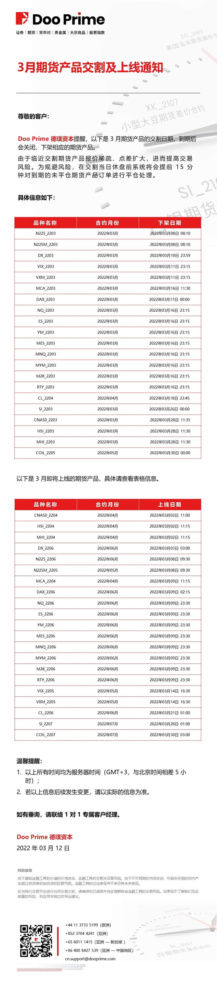 Doo Prime 3月期货产品交割及上线通知