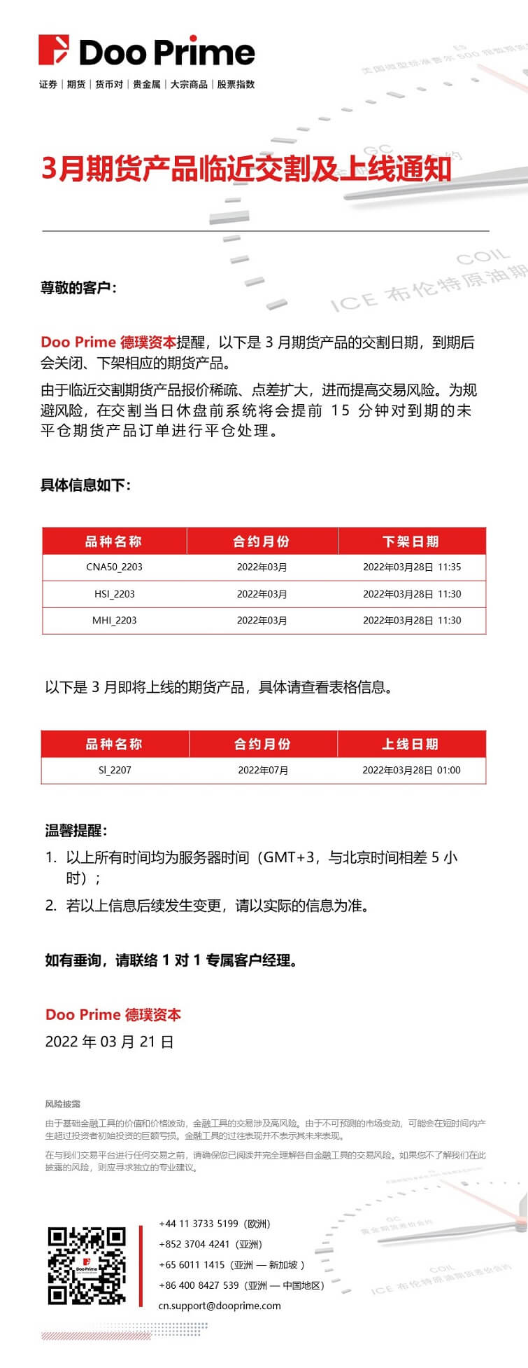 Doo Prime 3月期货产品临近交割及上线通知