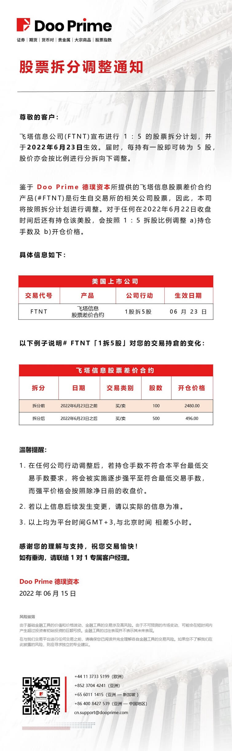 股票拆分调整通知