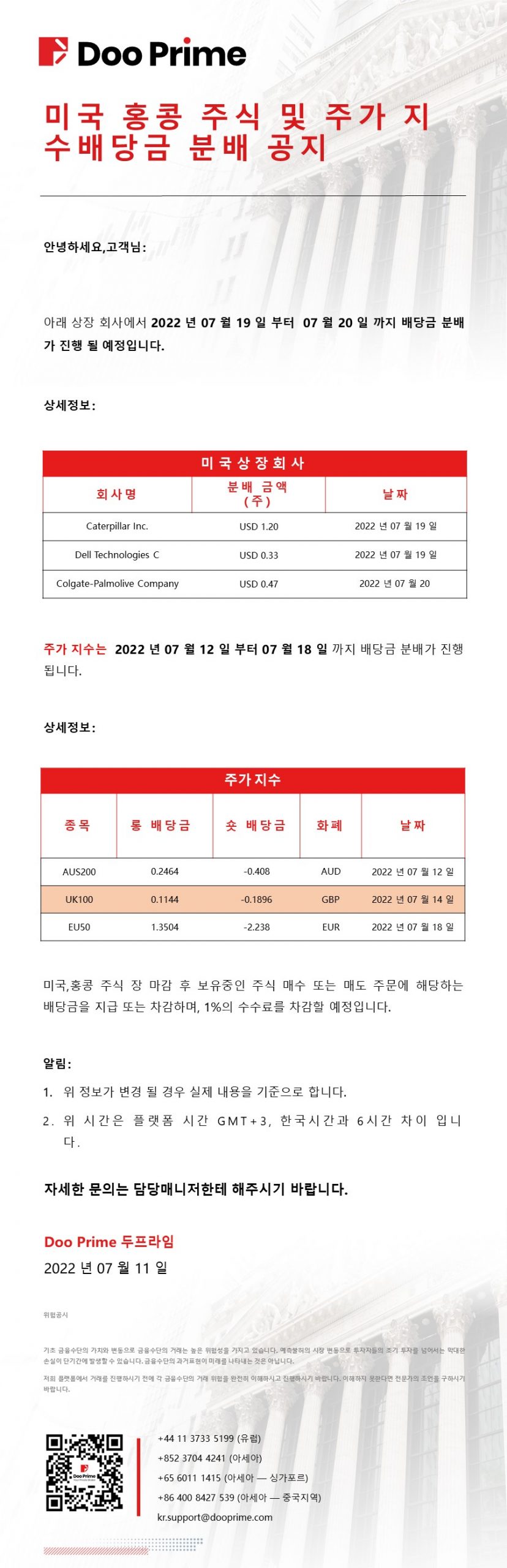 미국 홍콩 주식 및 주가 지수배당금 분배 공지