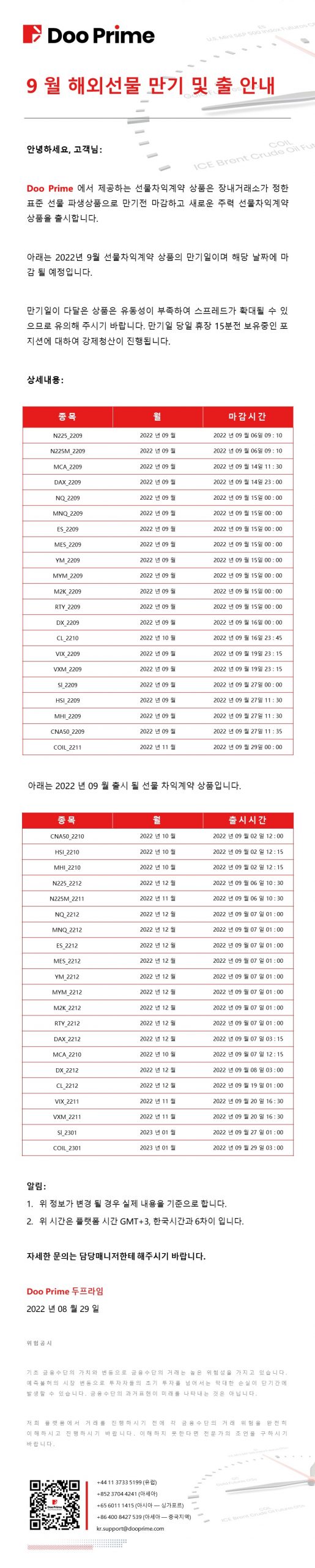 9 월 해외선물 만기 및 출 안내