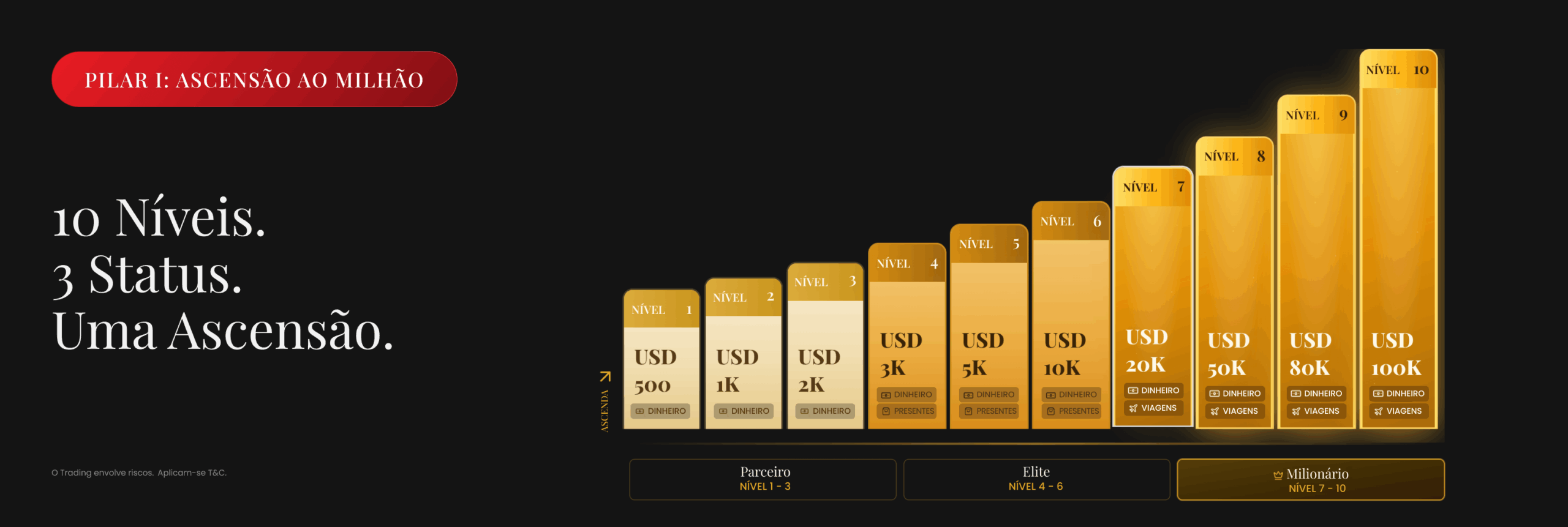 Ascensão ao Milhão da D Prime com 10 níveis e as categorias Partner, Elite e Millionaire.