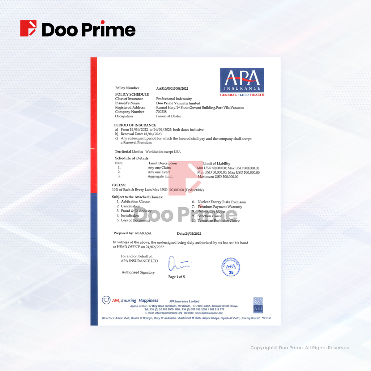 Doo Prime 续签专业责任赔偿保险（PII），多重保障守护客户资金安全 