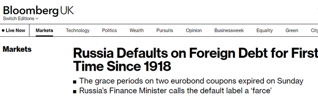 一百年以来，俄罗斯首次债务 “违约”，不是因为没钱，而是因为被制裁？ 