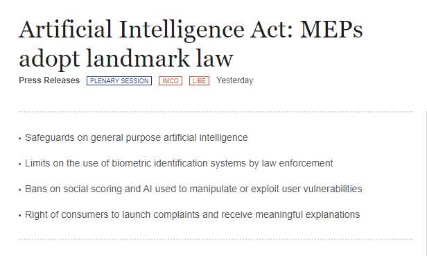 欧盟通过全球首个 AI 监管法案，美国众议院要求字节剥离 TikTok